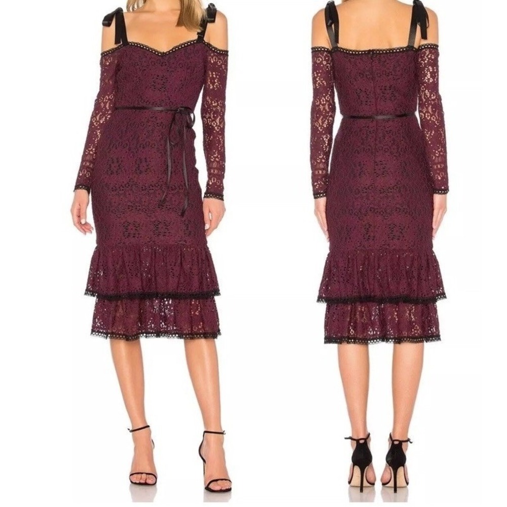 Alexie‎ Burgundy Lace Cold Shoulder Midi Dress Cocktail Party